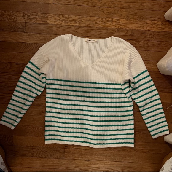 Vine & Love Sweaters - Vine & Love White and Green Striped Sweater